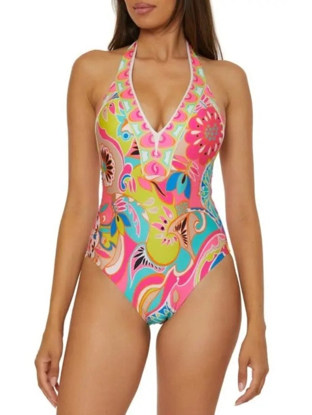 NWT Trina Turk Plunge One-Piece Swimsuit Pink Multi Size 12